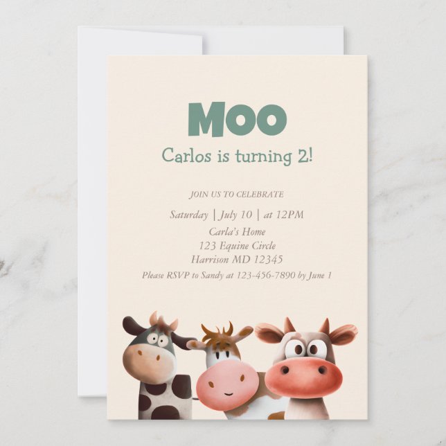 Moo I’m Turning Two Cute Cow Second Birthday Invitation (Front)