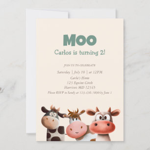 Moo I’m Turning Two Cute Cow Second Birthday Invitation
