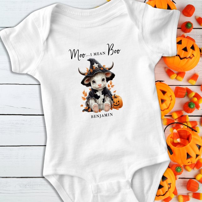 Moo I Mean Boo Cute Halloween Personalised Cow Baby Bodysuit (Creator Uploaded)