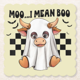 Moo I Mean Boo Ghost Cow Funny Halloween Cow Lover Paper Coaster