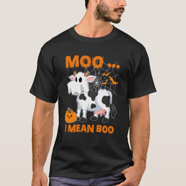 Moo I Mean Boo  Ghost Cow Pumpkin Costume For Hall T-Shirt (Front)