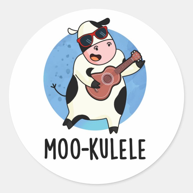 Moo-kulele Funny Ukulele Cow Pun  Classic Round Sticker (Front)