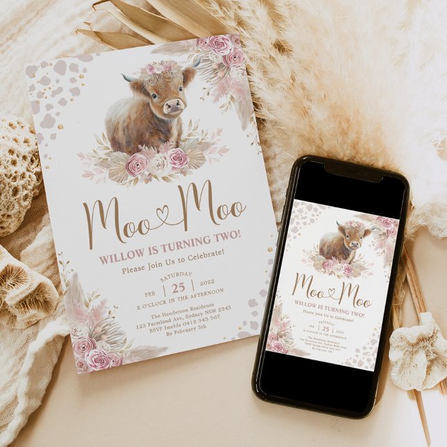 Moo Moo Boho Pampas Rose Highland Cow 2nd Birthday Invitation (Creator Uploaded)