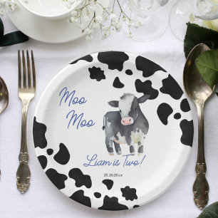 Moo moo cow black and blue cute cow birthday party paper plate