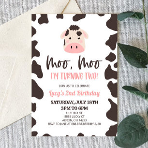 Moo Moo I'm Turning Two! Cow 2nd Birthday Party Invitation
