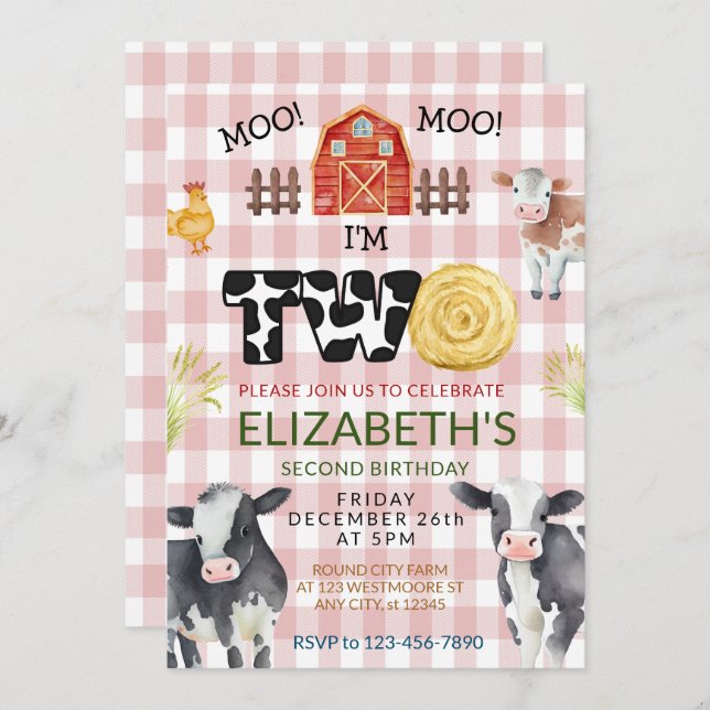 Moo Moo Im Two Cow 2nd Birthday  Invitation (Front/Back)