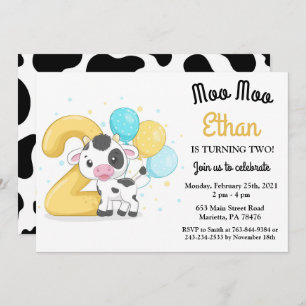 Moo Moo I'm Two Cow 2nd Birthday Party Invitation
