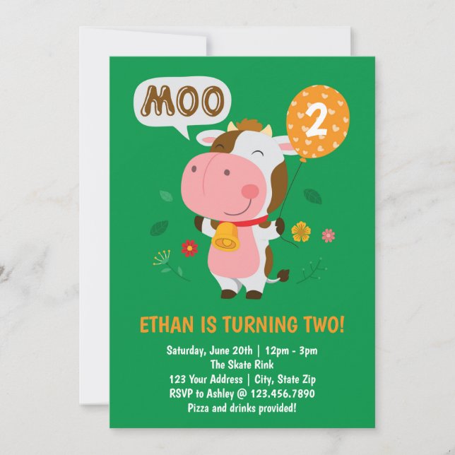 Moo Moo I'm Two Cow 2nd Birthday Party Invitation (Front)