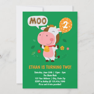 Moo Moo I'm Two Cow 2nd Birthday Party Invitation