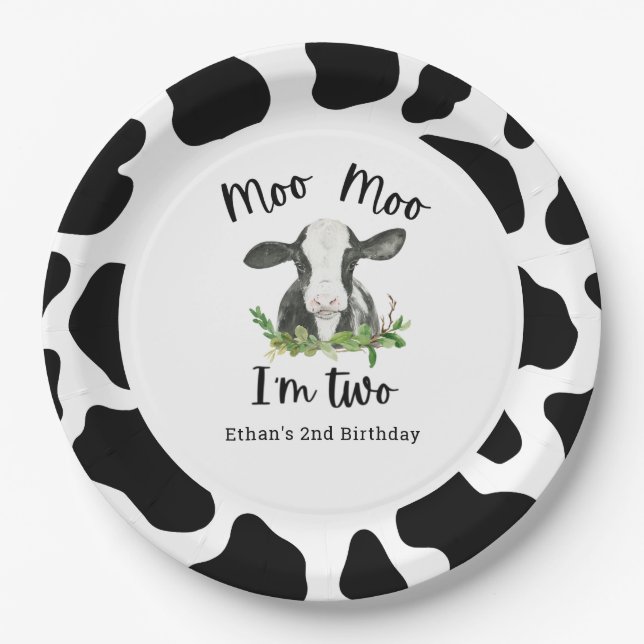 Moo Moo I'm Two Cow 2nd Birthday Party Paper Plate (Front)