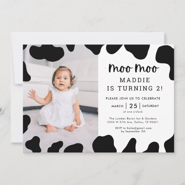 Moo Moo I'm Two Cow 2nd Birthday Photo Invitation (Front)
