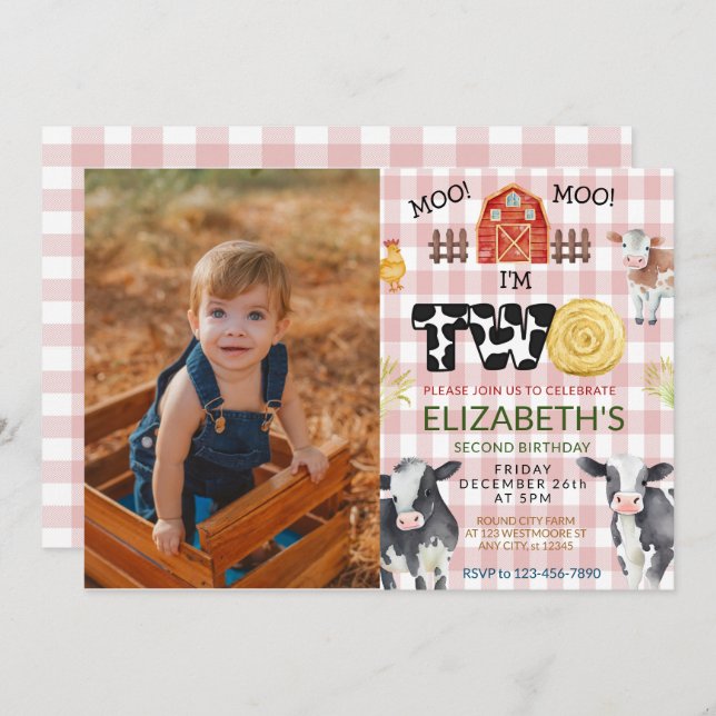 Moo Moo Im Two Cow 2nd Photo Birthday  Invitation (Front/Back)