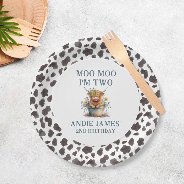 Moo Moo I'm Two Cow Print Farm Girl 2nd Birthday Paper Plate (Creator Uploaded)