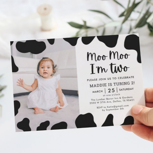 Moo Moo I'm Two Photo 2nd Birthday Invitation (Creator Uploaded)