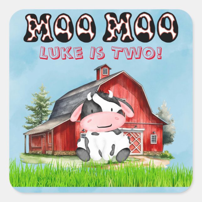 Moo Moo Name Is Two Kids Birthday Party Square Sticker (Front)