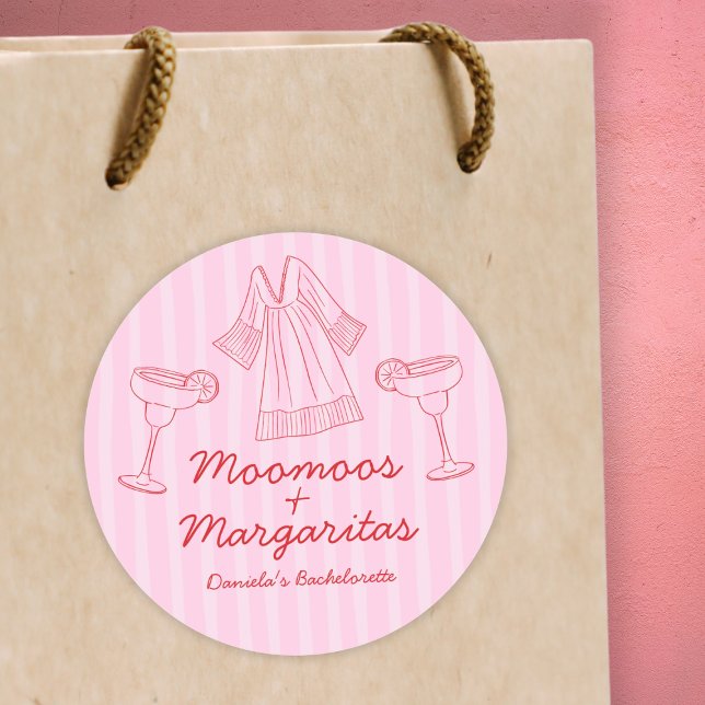 Moo Moos & Margaritas Pink & Red Bachelorette Classic Round Sticker (Moo Moos & Margaritas Pink & Red Bachelorette Classic Round Sticker)