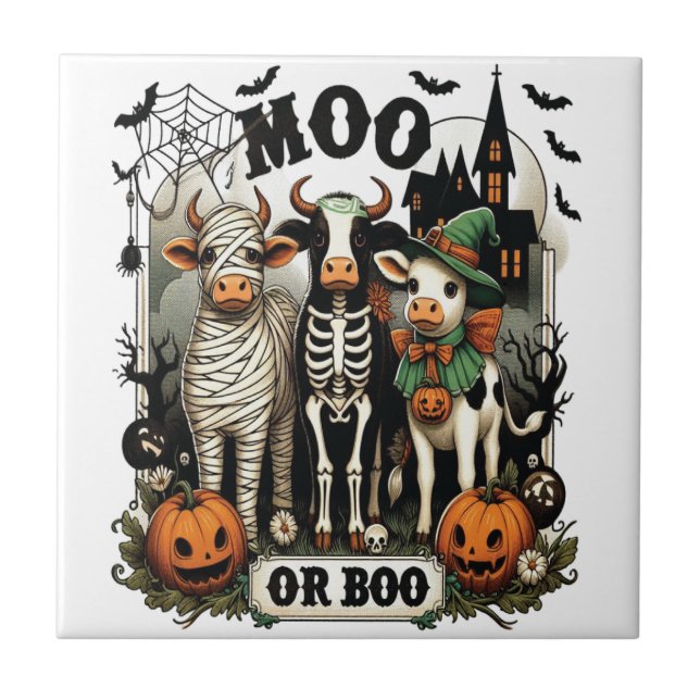 Moo or Boo Halloween Cow Ceramic Tile (Front)