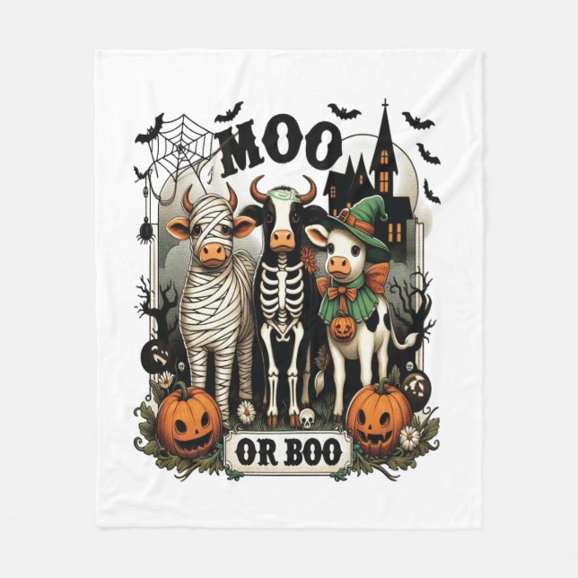 Moo or Boo Halloween Cow Fleece Blanket (Front)
