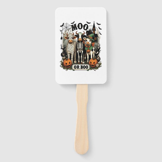 Moo or Boo Halloween Cow Hand Fan (Front)