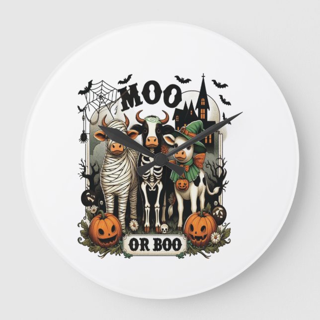 Moo or Boo Halloween Cow Large Clock (Front)