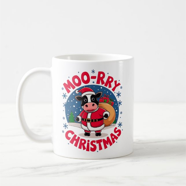 Moo-rry Christmas Funny Cow Santa Christmas Coffee Mug (Left)