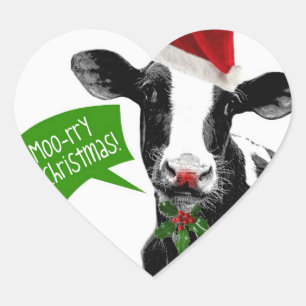 Moo rry Christmas! Funny Holiday Cow in Santa Hat Heart Sticker