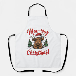 Moo-rry Christmas Highland Cow Vintage Shirt Desig Apron