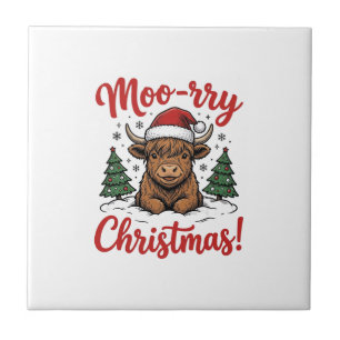 Moo-rry Christmas Highland Cow Vintage Shirt Desig Ceramic Tile