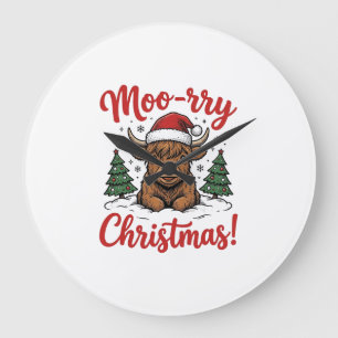 Moo-rry Christmas Highland Cow Vintage Shirt Desig Large Clock