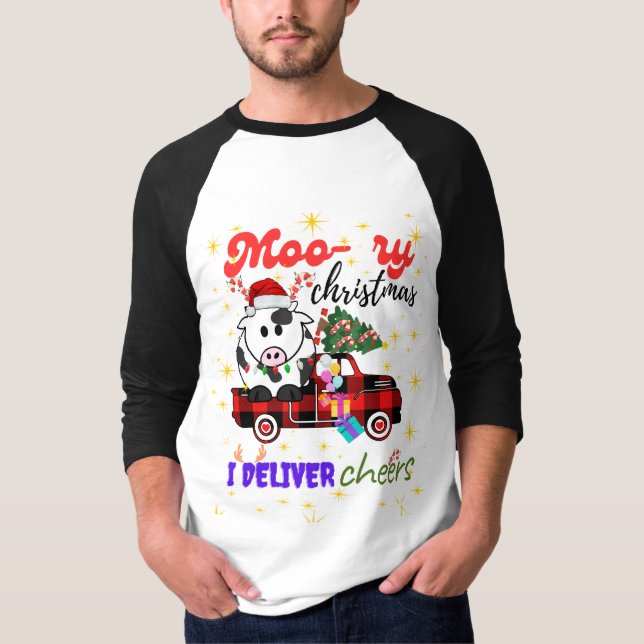 Moo-ry Christmas Cow in Plaid Truck Holiday design T-Shirt (Front)