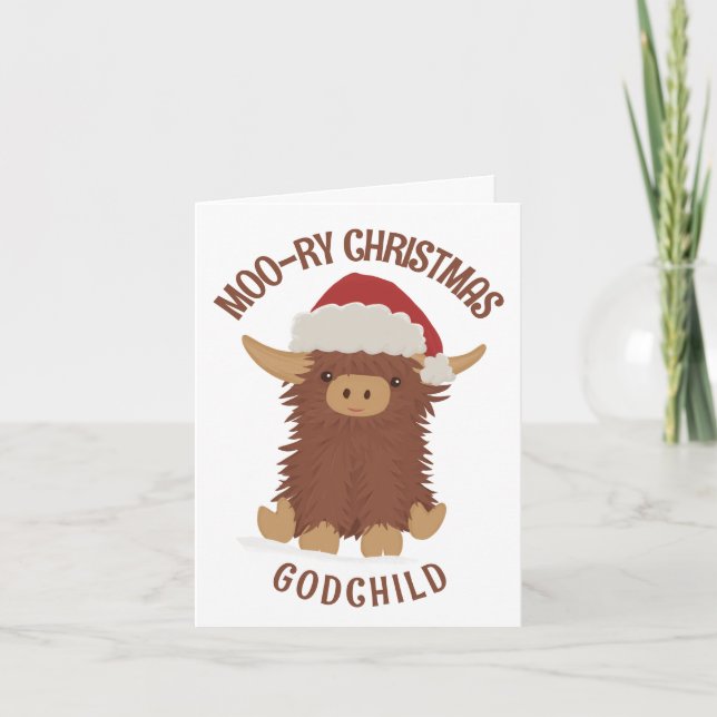 Moo-ry Christmas cute shaggy Highland cow Godchild Card (Front)