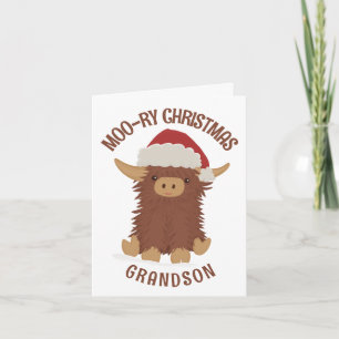 Moo-ry Christmas cute shaggy Highland cow Grandson Card