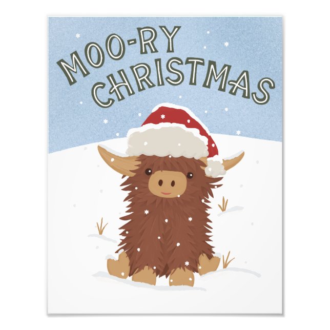 Moo-ry Christmas cute shaggy Highland cow Santa Photo Print (Front)