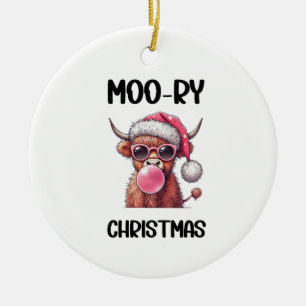 Moo-ry Christmas Scottish Higland Cow Ceramic Ornament