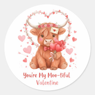 Moo-tiful Valentine Cute Watercolor Highland Cow Classic Round Sticker