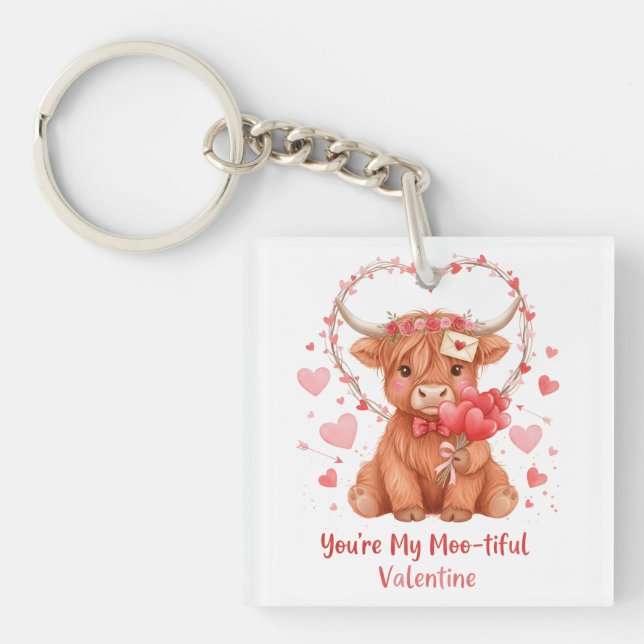 Moo-tiful Valentine Cute Watercolor Highland Cow Key Ring (Front)
