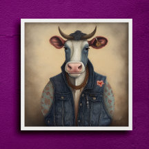 Moo-Tique Denim - Funny cow in a costume Poster