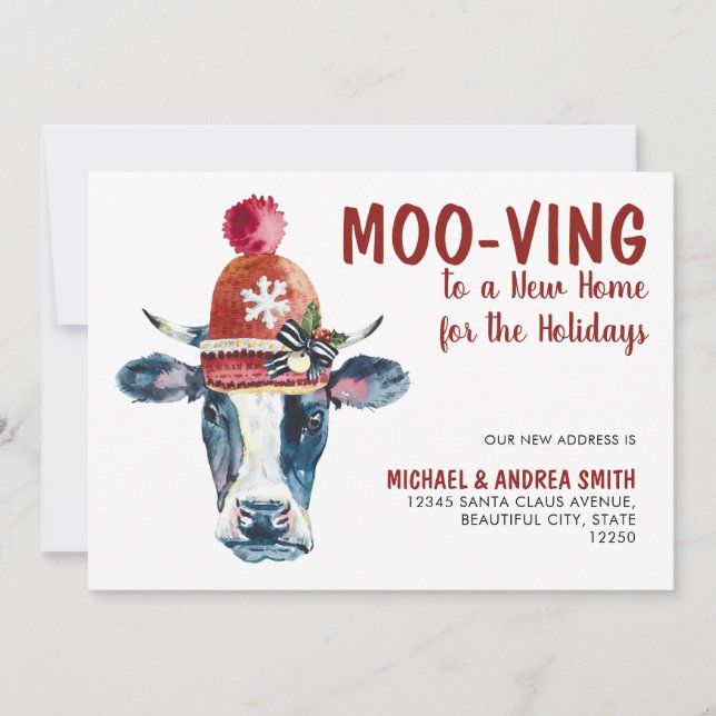 Moo-ving New Home Christmas Cow Holiday Moving Announcement (Front)