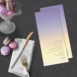 Mood Gradient Wedding Indigo Sunset ID741 Menu<br><div class="desc">The background for the pieces in this minimalist wedding set is an eye-catching gradient of colors from indigo through peach and palest yellow. The wedding menu card shown here features a sleek, modern layout and contemporary sans serif font to add to it's appeal. Easily add your menu selections, initials and...</div>