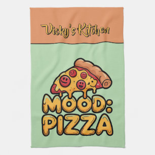 Mood: Pizza - Fun Cartoon Slice with Happy Topping Tea Towel