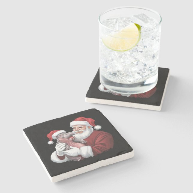 Moodeng Christmas Funny Vintage Santa Claus Stone Coaster (Side)