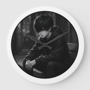 Moody Aesthetic Boy in Hoodie Round Keychain Large Clock
