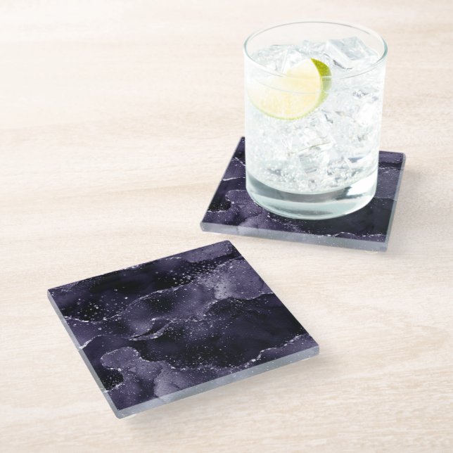 Moody Agate | Midnight Indigo Deep Purple Glam Glass Coaster (Angled)