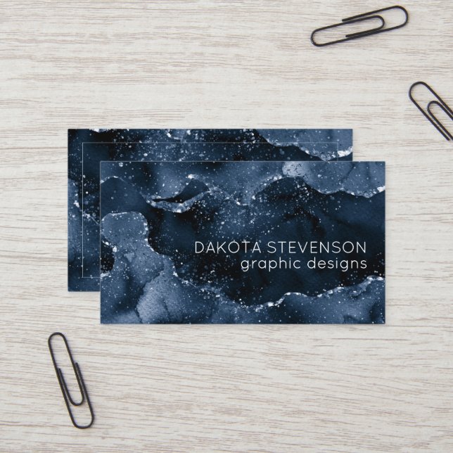 Moody Agate | Navy Denim Steel Blue Faux Glitter Business Card (Front/Back In Situ)