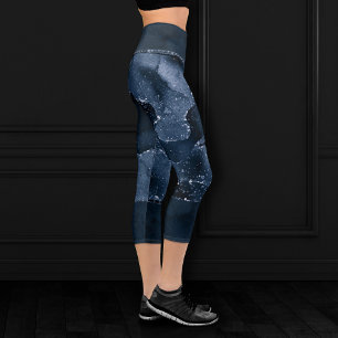 Moody Agate   Navy Denim Steel Blue Faux Glitter Capri Leggings