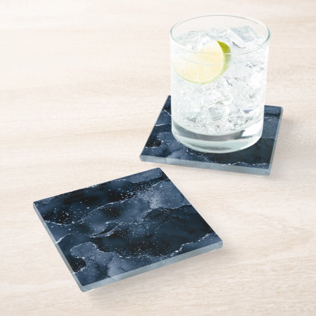 Moody Agate | Navy Denim Steel Blue Faux Glitter Glass Coaster (Angled)