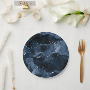 Moody Agate Navy Denim Steel Blue Faux Glitter Paper Plate