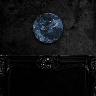 Moody Agate   Navy Denim Steel Blue Faux Glitter Round Clock