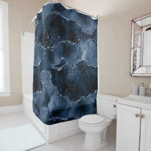 Moody Agate   Navy Denim Steel Blue Faux Glitter Shower Curtain