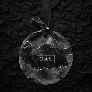 Moody Agate Onyx Black Silver Goth Glam Monogram Ceramic Ornament